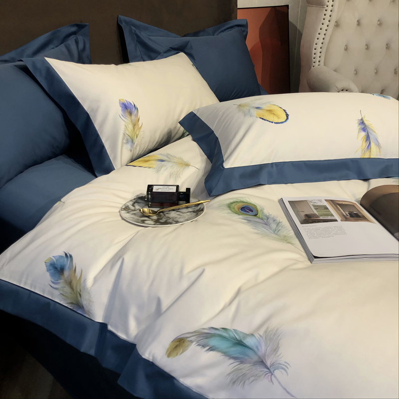 Light and luxurious Nordic bed with four sets of full cotton pure cotton gon satin 100 long suede cotton printed feather quilt cover bed 1 8