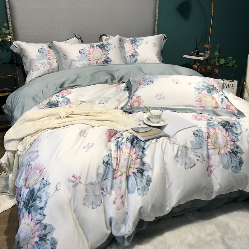 60 Lan Jing Tencel Four-piece Set Summer Naked Sleeping Double-sided Ice Silky Cool Pastoral Wind Duvet Cover Bedding Supplies