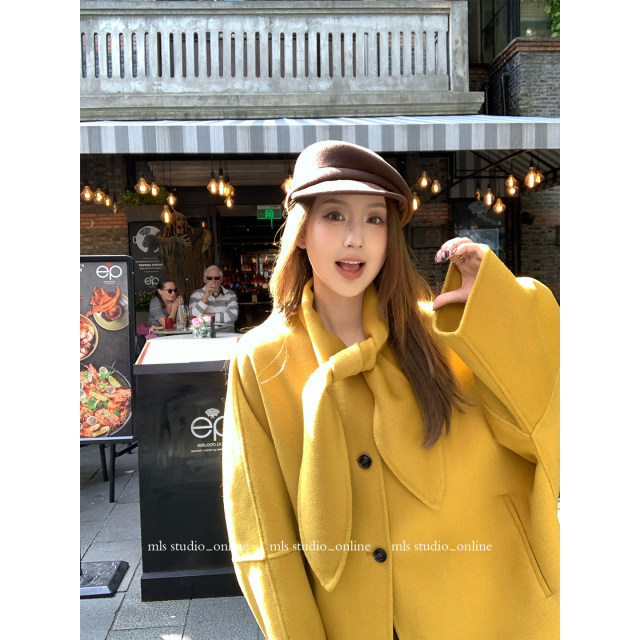 MLS 兔耳朵欧尼 贵感oni系带中长款大衣女冬新款今年流行毛呢外套