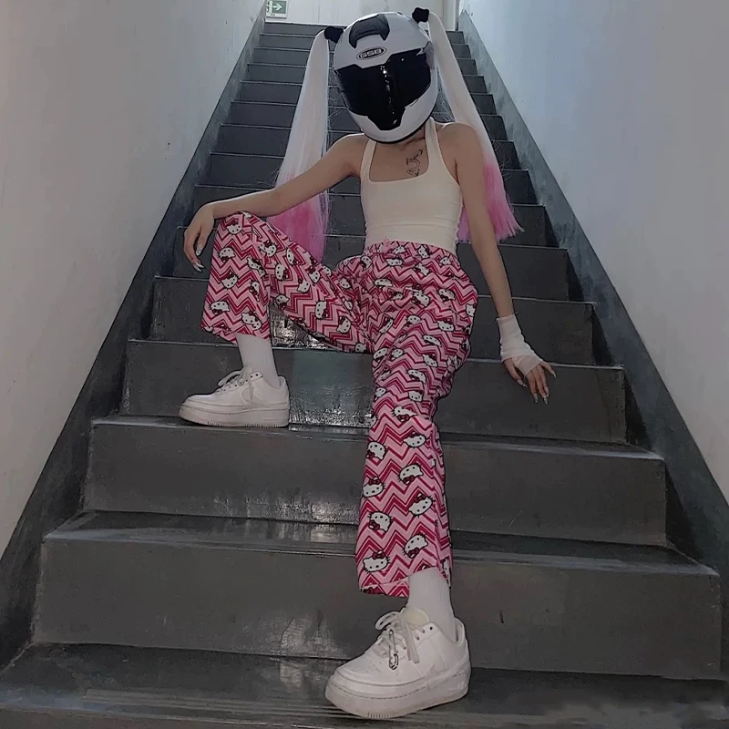 Hello Kitty, брюки, спортивный костюм для зала, свободный прямой крой, оверсайз, американский стиль