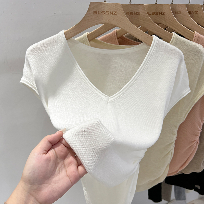 White Ice Silk Knitted Short-Sleeve T-Shirt for Women 2026 New Summer V-Neck Half-Sleeve Slim Fit High-Waisted Petite Short Top