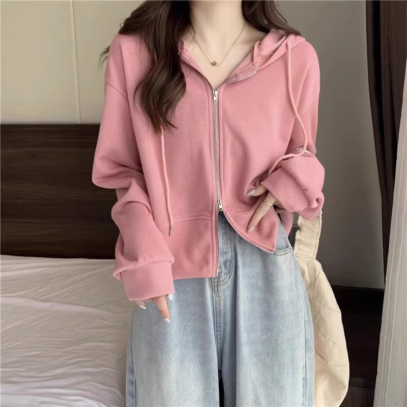 Pink Hooded Sweatshirt for Women, Spring and Autumn 2026 New Thin Double-Zip Short Cardigan Jacket for Petite Figures