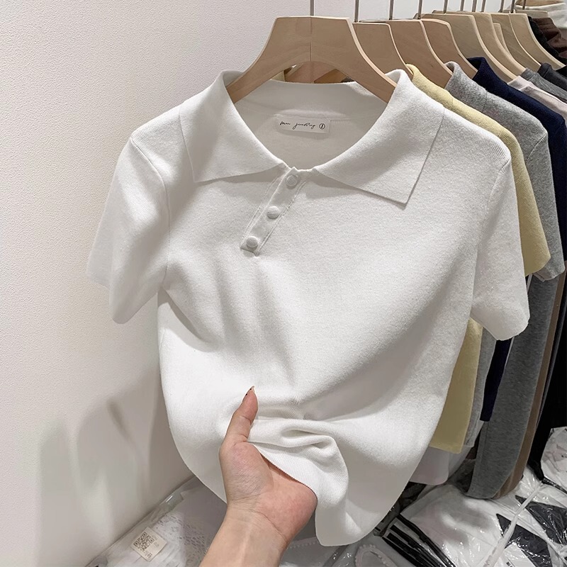White Knitted Short-Sleeve T-Shirt for Women 2026 New Popular Summer Polo Shirt with Irregular Collar, Slim Fit Short Top