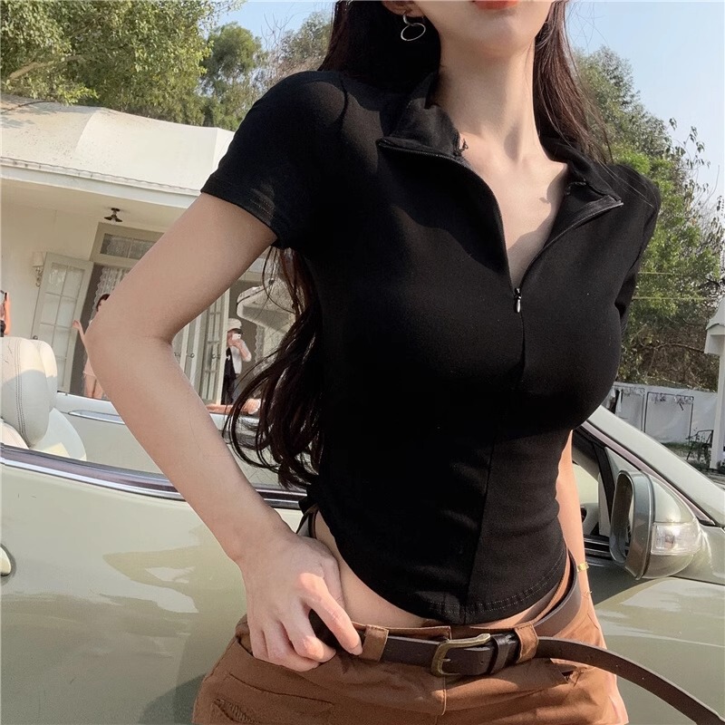 Black Short-Sleeved T-Shirt for Women, 2026 New Summer Style, Lapel Zipper Half-Sleeve Slim Fit High-Waisted Short Top