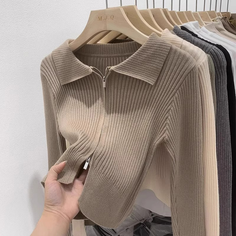 Petite Knitted Long-Sleeve Jacket for Women, Early Spring 2026 New Style, Turn-Down Collar Base Shirt, Zip-Up Sweater, Short Top Petite Knitted Long-Sleeve Jacket for Women, Early Spring 2026 New Style, Turn-Down Collar Base Shirt, Zip-Up Sweater, Short Top