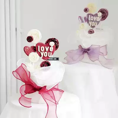 Tanabata Valentine's Day Net celebrity Cake decoration decoration pottery rose love-shaped candy insertion ribbon wave mesh