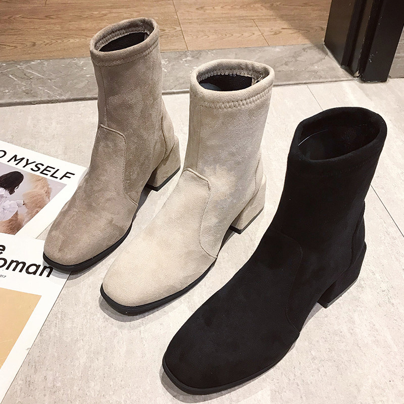 鞋子女2019秋冬新款粗跟中筒靴韩版方头短靴高跟马丁靴单靴女靴子