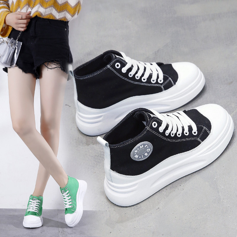 帆布鞋女2019秋季新款厚底休闲老爹鞋高帮网红韩版鞋子松糕底潮鞋