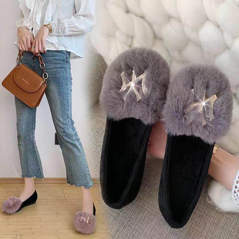 毛毛鞋女鞋秋冬新款2019平底单鞋加绒水钻百搭鞋子一脚蹬棉鞋女冬