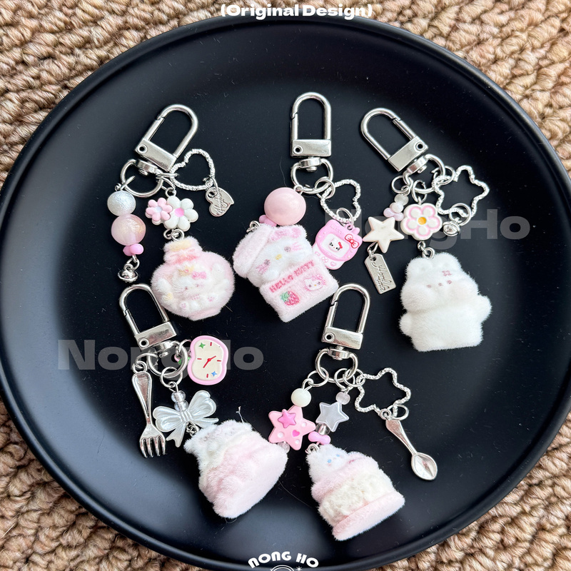 Original Flocked Small Pendant Phone Chain Kitty Charm Keychain Cute Cartoon Creative Bag Accessory Korean Girly Style