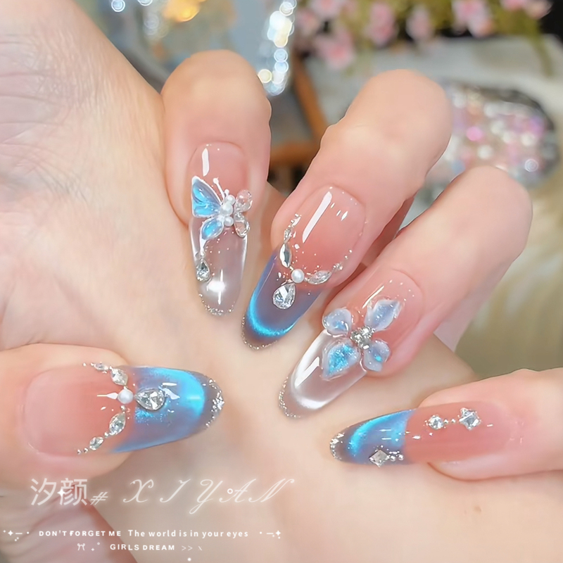 Blue Ice Flower Handmade Wearable Nails Butterfly Flower Rhinestone Nail Patches High-End Whitening Nail Pieces Elegant