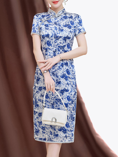 Summer New Style, Modernized Chinese Style, Blue and White Porcelain Print Cheongsam, Silk Dress, Petite Mulberry Silk Dress