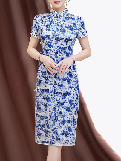 Summer New Style, Modernized Chinese Style, Blue and White Porcelain Print Cheongsam, Silk Dress, Petite Mulberry Silk Dress