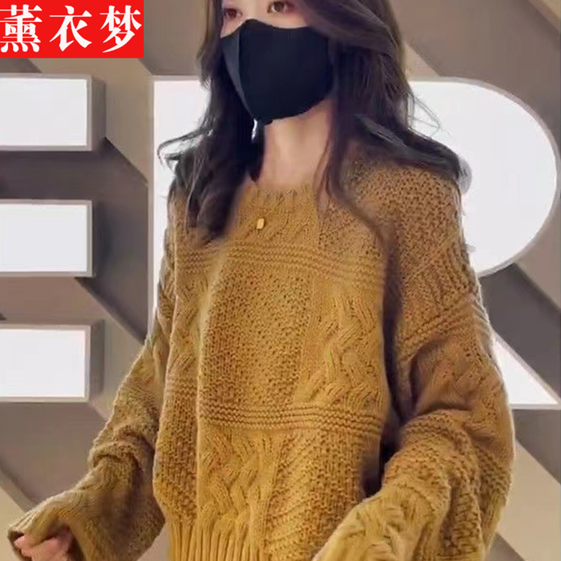 2024 Autumn and Winter Lazy Style Sweater for Women, Korean Style Versatile Dragon Fruit Color Pullover Round Neck Knitted Top for Outerwear