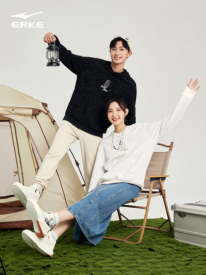 电池熊猫丨鸿星尔克连帽卫衣男春秋男女情侣宽松满印运动套头上衣