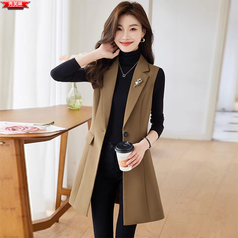 Casual Professional Sleeveless Blazer, Mid-Length Vest for Women, High-End Business Workwear, Outerwear Vest
