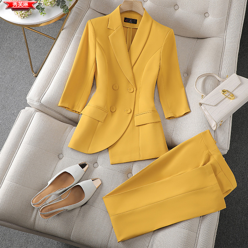 Yellow Double-Breasted Mid-Sleeve Suit Set for Women, Summer Thin Professional Formal Suit Jacket, Front Desk Reception Work Uniform