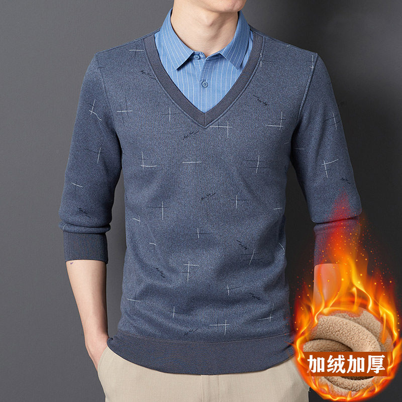 Warm shirt men's fake two-piece sweater winter men's casual underwear plus velvet thickened top middle-aged and young people knitted sweater