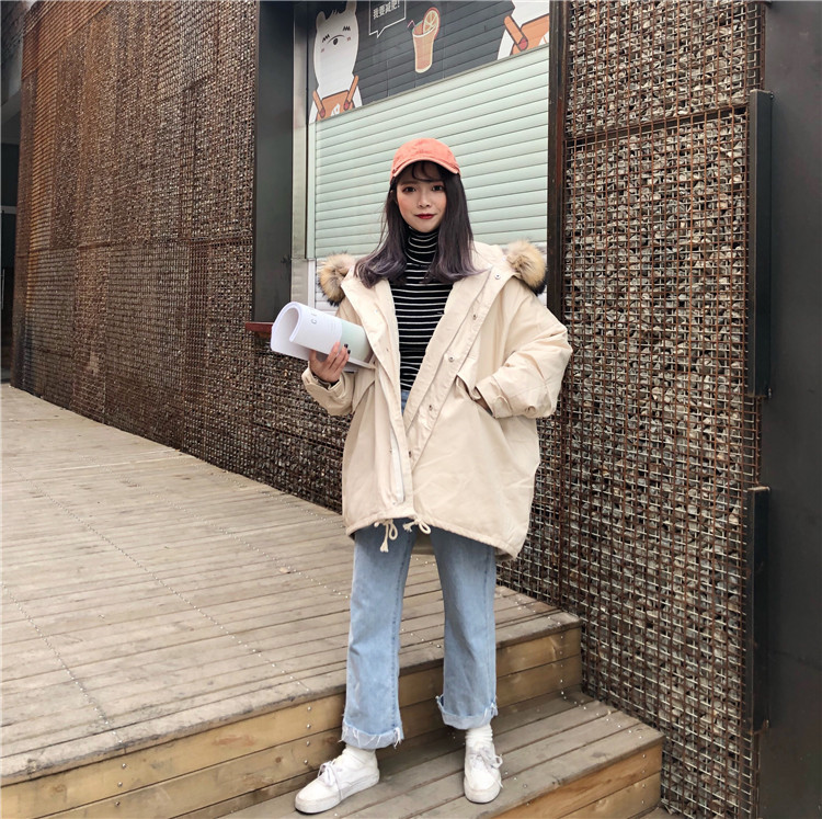Quần áo cotton mùa đông chic nữ dài phần phiên bản Hàn Quốc 2018 mới bf lỏng rộng cổ áo lông thú bông áo khoác - Bông áo khoác phao nữ đẹp