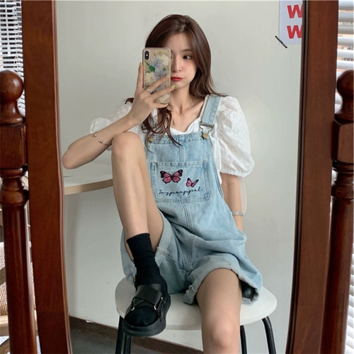 Ретро джинсовые штаны, шорты, в корейском стиле, свободный крой, эффект подтяжки