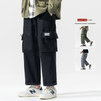 Black pants mens Tide brand Hong Kong wind Joker cotton loose wide leg casual pants straight tube drop feel tooling trousers men