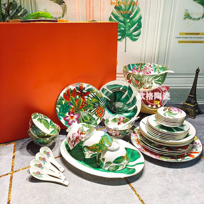 Tropical Rainforest Series Western-Style Dinner Plates, Rice Bowls, Chopsticks, Spoons, Soup Pots, Tableware Set, Wizard of oz Bone China Bowl and Plate Set