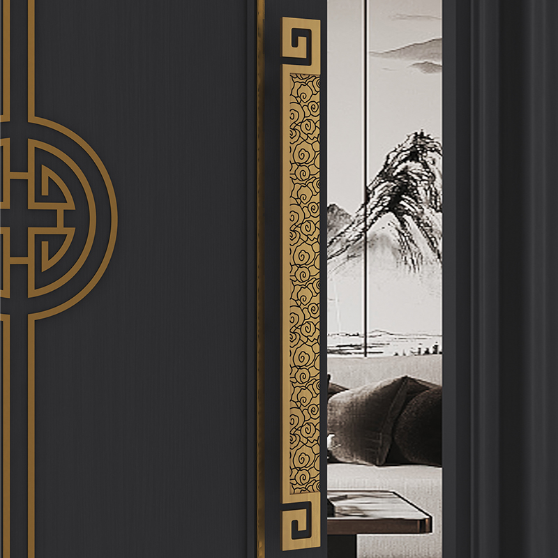 New Chinese Banquet Hall Glass Large Door Handle Hotel Bag Compartment Door Drawing Ancient Bronze Double Door With Frame Wood Door Handle