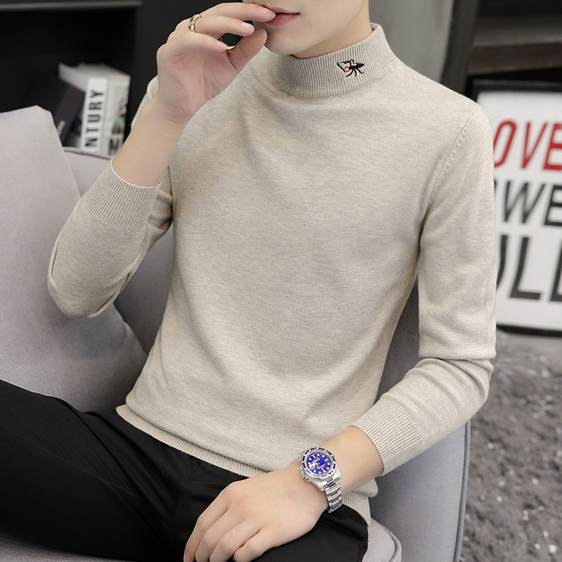 Men's sweater semi-turtleneck in autumn and winter Joker Slim Fit Embroidered Knitted Backing Shirt Middle Collar Sweater Fashion Men's Wear