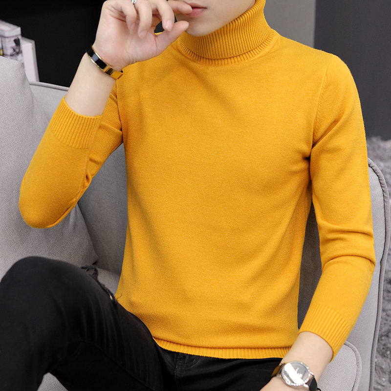 Turtleneck Sweater for Men, Winter Korean Style Slim-Fit Knitwear, Solid Color, Convertible Collar, Versatile Yellow Base Shirt, Trendy