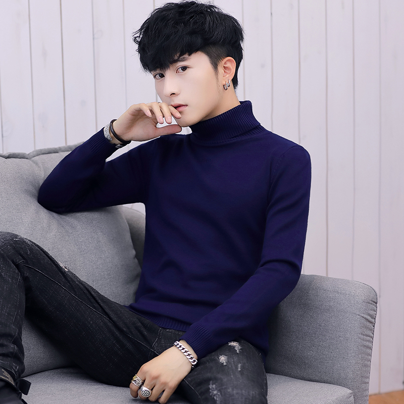 889 (High Collar) Navy Blueman sweater Half high collar Autumn and winter Versatile Self cultivation knitting Undershirt Pure black Middle collar Thread clothes trend men's wear