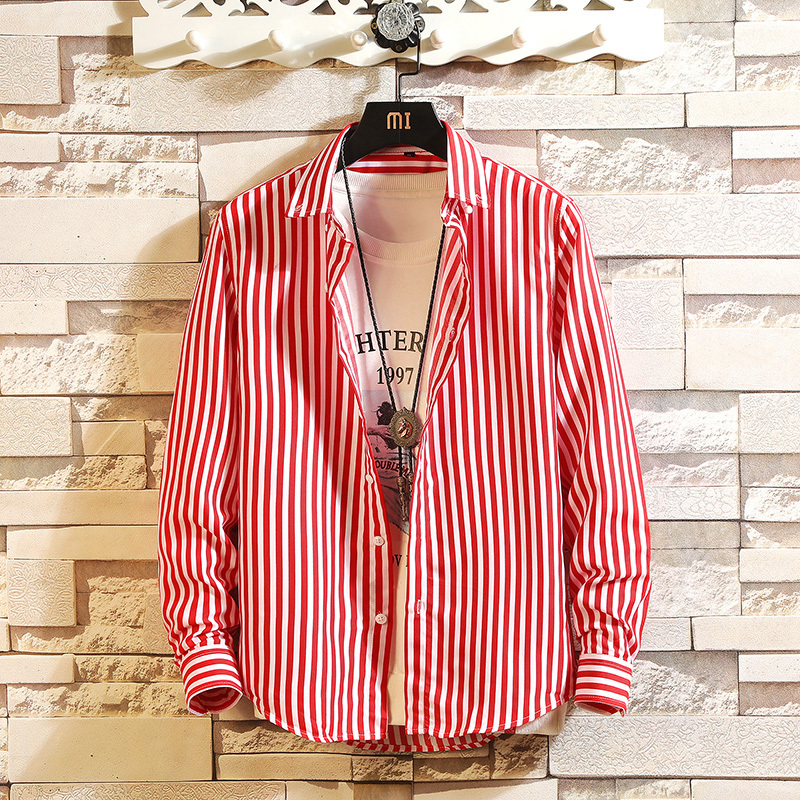 2026 Men's Long Sleeve Shirt Striped Jacket Slim Fit Korean Style Trendy Base Layer Shirt Handsome Top Shirt