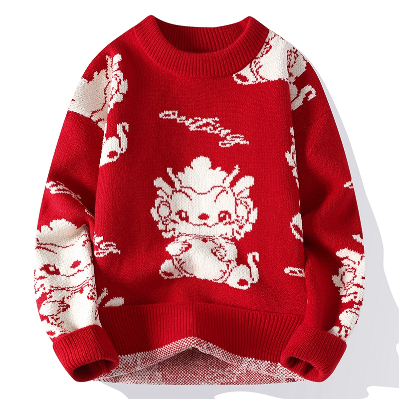 Red Sweater for Men, Autumn and Winter Style, Zodiac Year of the Horse, Knitted Base Layer, Thickened for Warmth, Round Neck Knitwear