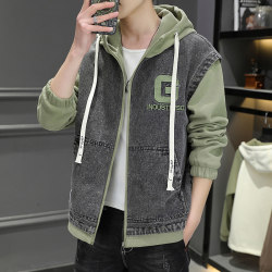 Fake two-piece spliced ​​denim jacket men's jacket spring and autumn trendy men's clothing 2024 new casual autumn clothing