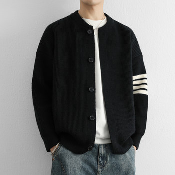 Baseball Collar Knitted Cardigan for Men, Three-Stripe Button Sweater Jacket, New Spring and Autumn Casual High-End Style for Young People
