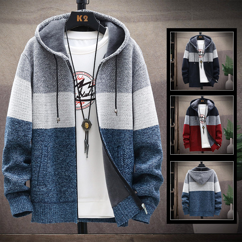 Autumn Knitted Cardigan for Men, Fleece-Lined and Thickened, Hooded Color-Block Sweater, Fashionable Outerwear Jacket for Men