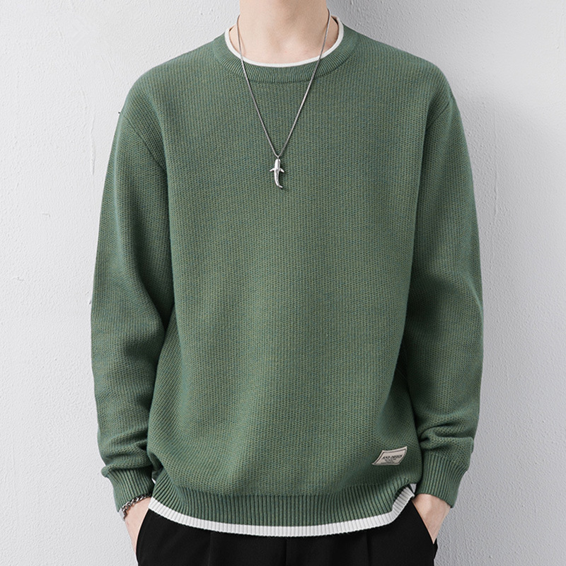 Green Sweater for Men, Autumn and Winter Trendy Brand, Solid Color Crew Neck Knitwear, Warm Base Layer Shirt, Men's Winter Clothing, Men's Knitwear
