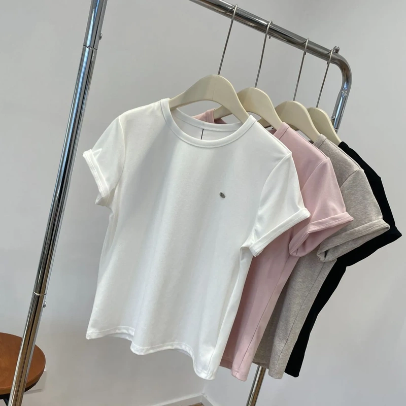 2026 Spring New Short Sleeve T-Shirt for Women, Casual Stretch Base Shirt, Korean Style White Design, Niche Women's Fashion