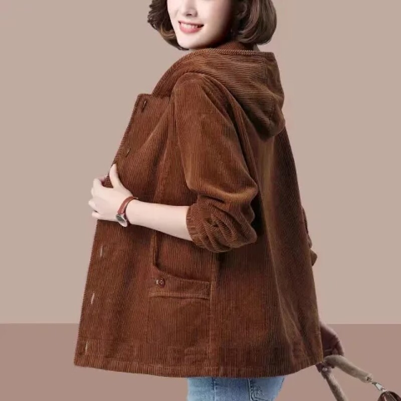 Original Export Autumn and Winter Thin Corduroy Jacket for Women, Simple Loose Fit, Plus Size, Slimming, Middle-Aged Mom's Top