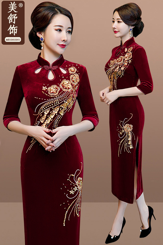Wedding Mother's Cheongsam Dress, Formal Dress, Elegant Wedding Banquet Velvet Dress, High-End Women's Evening Dress for the Mother-In-Law Wedding Mother's Cheongsam Dress, Formal Dress, Elegant Wedding Banquet Velvet Dress, High-End Women's Evening Dress for the Mother-In-Law