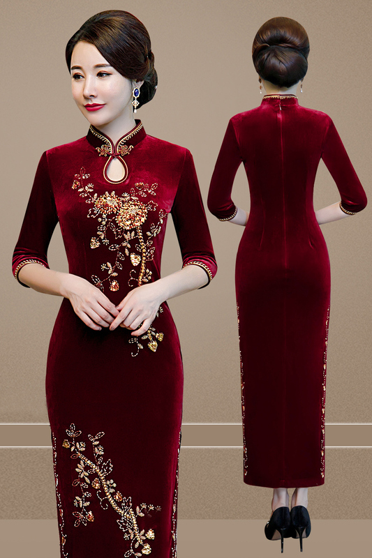 Elegant and Stylish New Cheongsam for Weddings, Spring and Autumn, Mother's Runway Show, Wedding Banquet, High-End Velvet Dress, Autumn and Winter Long Sleeves