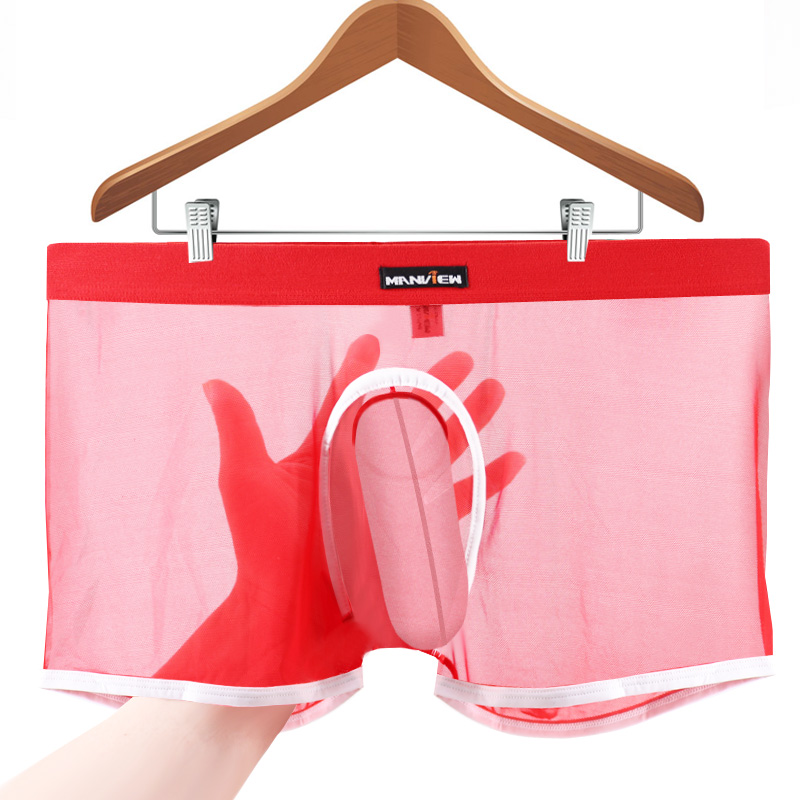 Quần lót voi nam eo đầy đủ trong suốt boyshort lưới siêu mỏng thoáng khí ấm áp JJ bộ quần short gợi cảm shop đồ lót