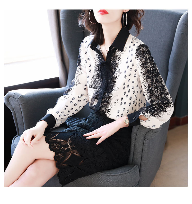 Mùa xuân 2019 mới ren nơ nơ in áo voan nữ thiết kế áo lót - Áo sơ mi chiffon ren kiểu áo sơ mi nữ tay lỡ