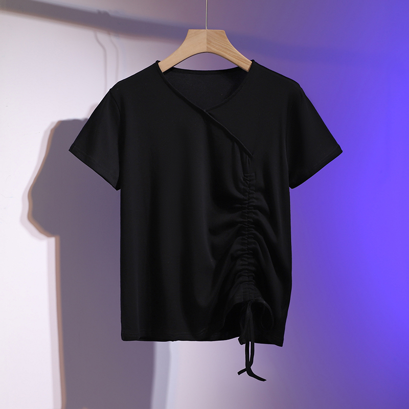 Summer fashionable T-shirt, design top, plus size, season 2021, V-neckline, fitted, drawstring, trend of season Summer fashionable T-shirt, design top, plus size, season 2021, V-neckline, fitted, drawstring, trend of season