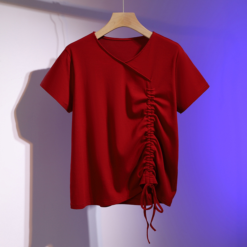 Summer fashionable T-shirt, design top, plus size, season 2021, V-neckline, fitted, drawstring, trend of season Summer fashionable T-shirt, design top, plus size, season 2021, V-neckline, fitted, drawstring, trend of season