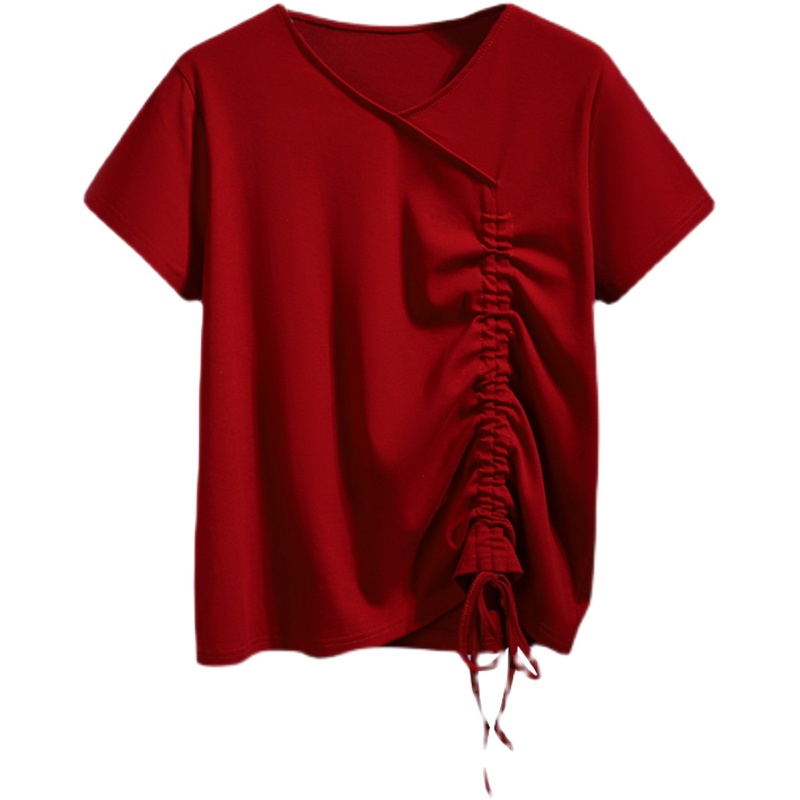 Summer fashionable T-shirt, design top, plus size, season 2021, V-neckline, fitted, drawstring, trend of season Summer fashionable T-shirt, design top, plus size, season 2021, V-neckline, fitted, drawstring, trend of season