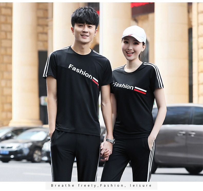 Bộ đồ thể thao nam mùa hè ngắn tay đôi thể thao quần tây nữ giản dị chạy bộ đồ thể thao cỡ lớn - Thể thao sau