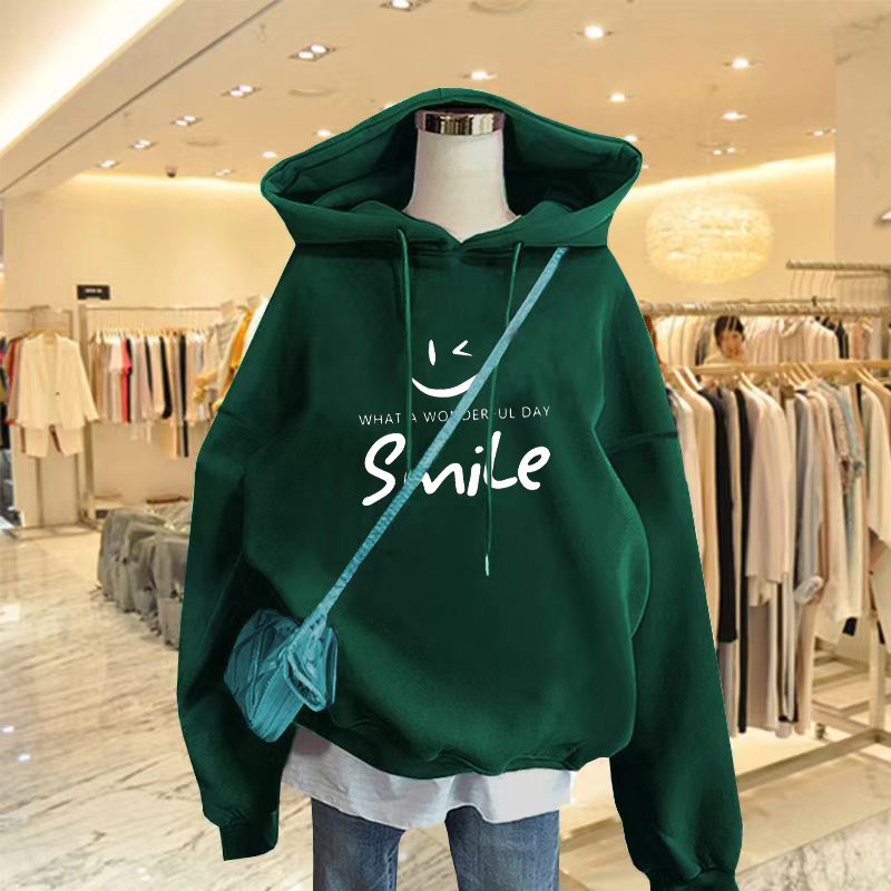 Dark Green Hooded Sweatshirt 2026 Spring and Autumn New Printed Thin Top Women's Long Loose Fleece-Lined Jacket