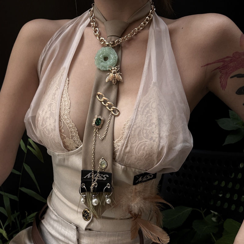 New Chinese Style Versatile Tie Mss Studio Original Design Metal Jade Pendant Minimalist Ol Style Tie