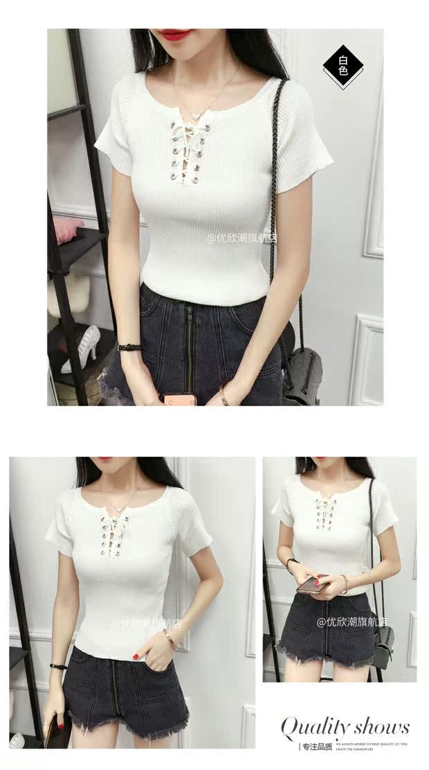 Mùa hè phiên bản Hàn Quốc của cổ áo từ màu rắn đan ngắn tay nữ Slim chia dây quai lụa là áo sơ mi mỏng chạm đáy áo len nữ đẹp 2021