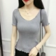 Xuân 2019 mới tai gỗ đan ngắn tay đan ngắn đoạn ngắn cổ tròn màu rắn thon gọn quần áo nữ giảm béo áo thun nữ form rộng